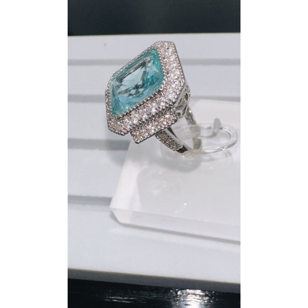 Aquamarine Cubic Zirconia White Crystal Ring Size 7 - Picture 13 of 16